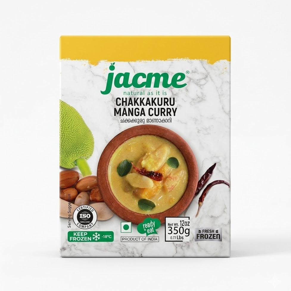 This is a 350g box of Jacme Chakkakuru Manga Curry. It is a ready-to-eat frozen dish made with jackfruit seeds and raw mango, produced in India and stored at -18°C.
This product is available for purchase in the UK at theindianshelf.co.uk.