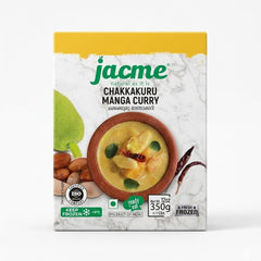 This is a 350g box of Jacme Chakkakuru Manga Curry. It is a ready-to-eat frozen dish made with jackfruit seeds and raw mango, produced in India and stored at -18°C.
This product is available for purchase in the UK at theindianshelf.co.uk.