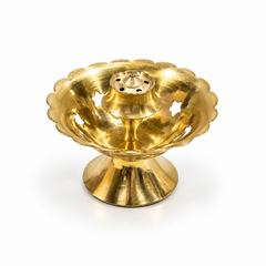 A 4-inch traditional brass agarbatti stand with a scalloped bowl, decorative cutouts, and a central incense holder, centered on a solid white background. Available in the UK at theindianshelf.co.uk.