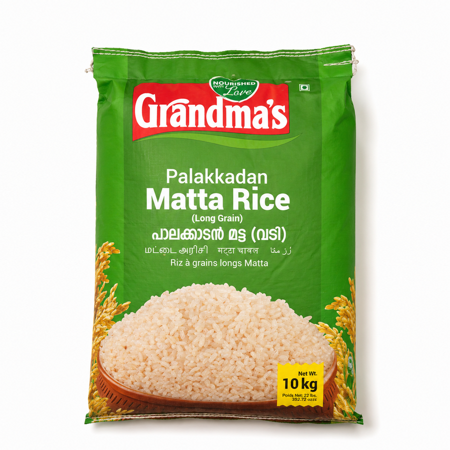 A 10 kg green bag of Grandma's Palakkadan Matta Rice (Long Grain / Vadi) standing upright against a solid white background, displaying the brand logo, multilingual product text, and a bowl filled with raw parboiled rice grains.