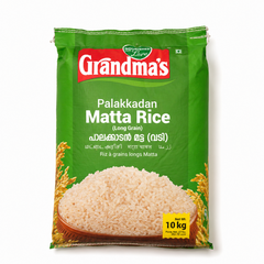 A 10 kg green bag of Grandma's Palakkadan Matta Rice (Long Grain / Vadi) standing upright against a solid white background, displaying the brand logo, multilingual product text, and a bowl filled with raw parboiled rice grains.