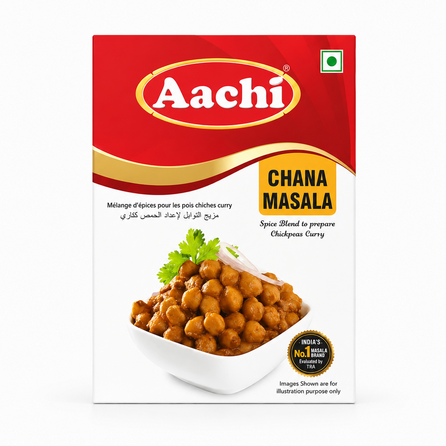 A box of Aachi Chana Masala centered on a solid white background, featuring a red and white packaging design with a yellow "Chana Masala" badge and an illustration of a white bowl filled with cooked chickpeas garnished with fresh coriander and sliced onion rings. This product is available in the UK at theindianshelf.co.uk.