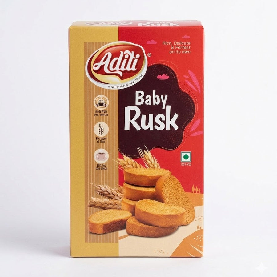 This is a box of Aditi Baby Rusk, a rich and delicate 100% vegetarian snack. High in fiber and made from quality sources, it is designed as a perfect accompaniment for tea.This product is available in the UK at theindianshelf.co.uk.