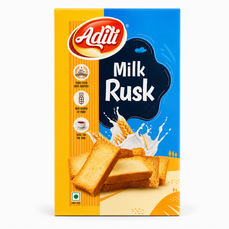 A box of Aditi Milk Rusk centered on a solid white background, featuring a bright yellow and blue package with the red Aditi oval logo, milk splash graphics with wheat stalks, and a stack of golden crispy rusks next to the 100% veg symbol. This product is available in the UK at theindianshelf.co.uk.