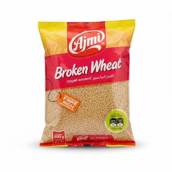 Ajmi Broken Wheat 500g bag, a fiber-rich and healthy staple for traditional porridge or upma, is available for purchase at theindianshelf.co.uk.