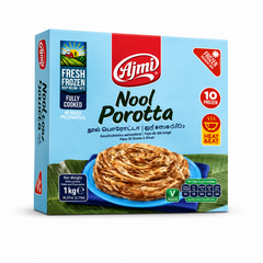 A studio product shot of a square light-blue box of Ajmi Fresh Frozen Nool Porotta against a white background. The top center features a bold red vertical band with the white "Ajmi" logo, the title "Nool Porotta" is printed in prominent dark green script. The central graphic displays a golden-brown, coiled, flaky porotta resting on a bright blue plate over a green banana leaf. This product is available in the UK at theindianshelf.co.uk.