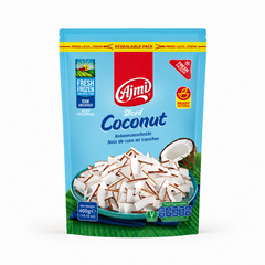 A 400g resealable bag of Ajmi Fresh Frozen Sliced Coconut centered on a white background, featuring a light blue and red label design displaying a bowl filled with fresh coconut slices and a halved coconut. This product is available in the UK at theindianshelf.co.uk.