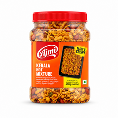 A transparent 400g plastic jar with a red lid filled with savory Ajmi Kerala Hot Mixture showing peanuts and sev through the container, centered against a solid white background. Available in the UK at indianshelf.co.uk.