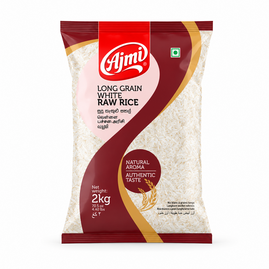 A 2kg maroon, white, and red pouch of Ajmi Long Grain White Raw Rice featuring clear curved windows showing the raw white rice grains inside, centered against a solid white background. Available in the UK at indianshelf.co.uk.