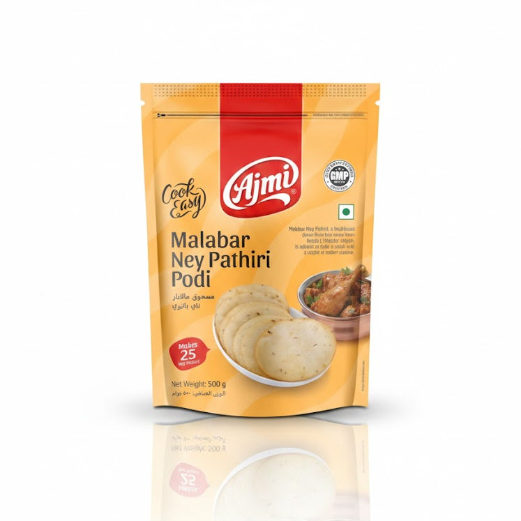 Ajmi Cook Easy Malabar Ney Pathiri Podi 500g pack, featuring a traditional deep-fried rice poori mix from Kerala's Malabar region, is available for purchase at theindianshelf.co.uk.