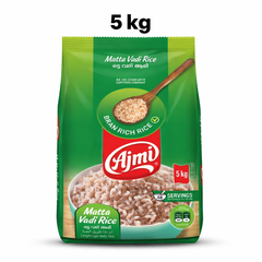 This is a 5kg pack of Ajmi Matta Vadi Rice, providing approximately 48 servings. It is a bran-rich variety of parboiled rice, known for its distinct earthy flavor and nutritional profile. The product is from an ISO 22000:2018 certified company, ensuring high standards of food safety and quality.