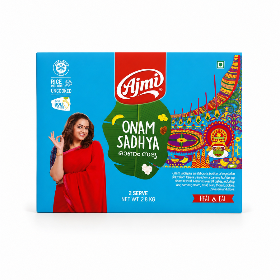 Ajmi Onam Sadhya (Pre-Order), traditional Kerala vegetarian feast serving 2 people with rice included, 2.8kg. This product is available in the UK at theindianshelf.co.uk.