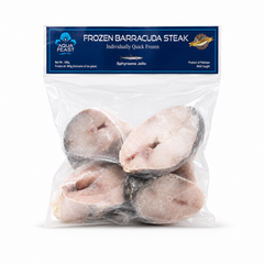 A professional studio product shot of a clear, stand-up freezer pouch containing Aqua Feast Frozen Barracuda Steaks against a solid white background. The top of the bag features a prominent dark blue horizontal header displaying the light blue "AQUA FEAST" shell logo, bold white text reading "FROZEN BARRACUDA STEAK", and product details including "Net Wt.: 540g" and "Wild Caught". This product is available in the UK at theindianshelf.co.uk.