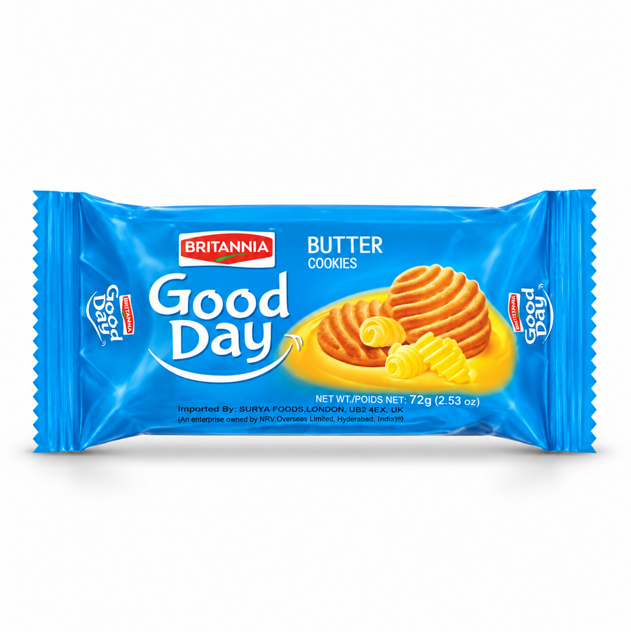 A 72g bright blue wrapper of Britannia Good Day Butter Cookies featuring product branding and butter-swirl imagery, centered on a solid white background. Available in the UK at theindianshelf.co.uk.