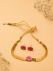 Gold-Plated Pink Enamel Lotus Coin Choker Necklace Set