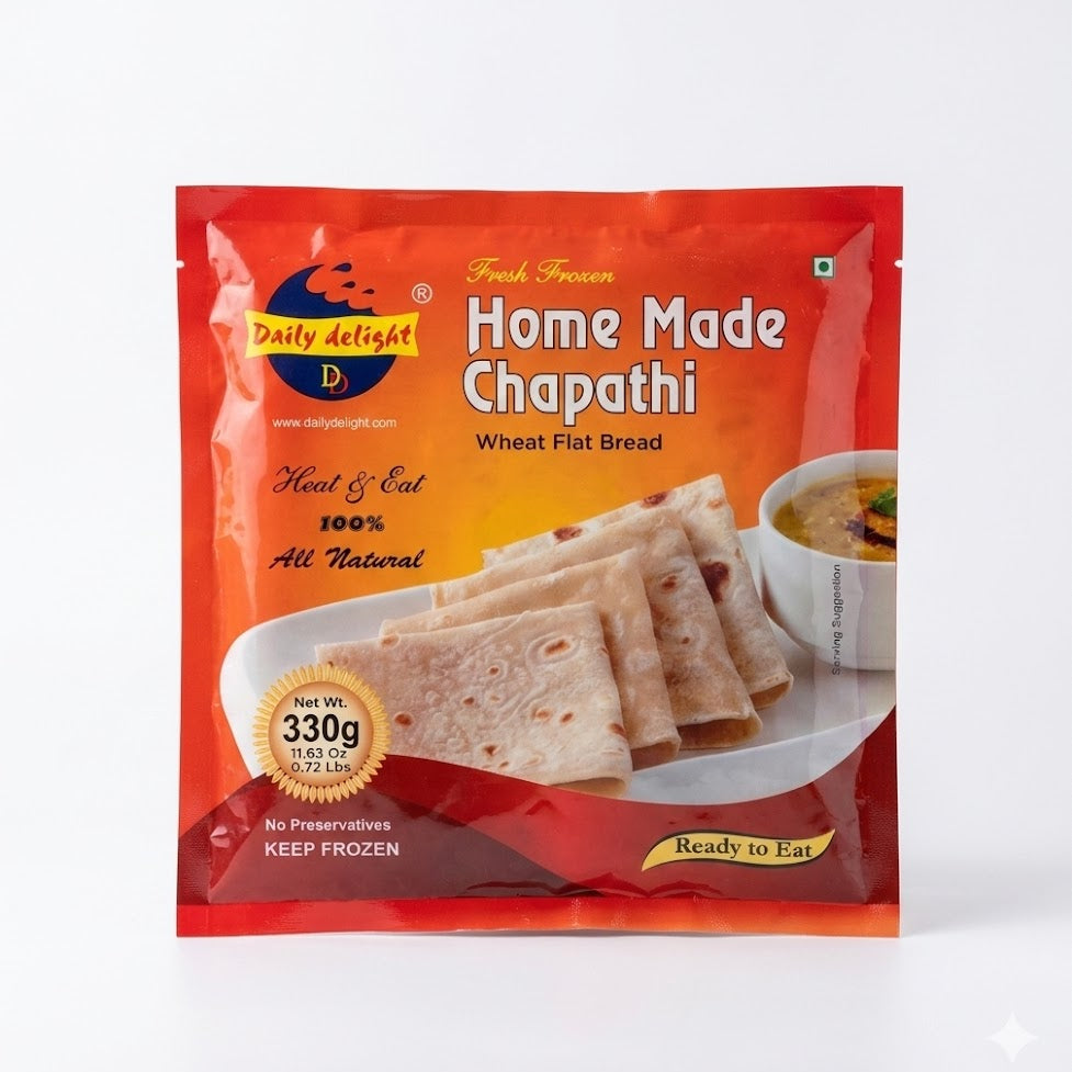 A vibrant orange and red 330g pack of Daily Delight Home Made Chapathi. This wheat flatbread is "100% All Natural" with no preservatives and is sold frozen as a "Heat & Eat" convenience item. The packaging features a serving suggestion of folded chapathis alongside a bowl of curry.
This product is available for purchase in the UK at theindianshelf.co.uk.