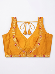 Mustard Yellow Silk Saree Blouse with Floral Vine Embroidery (Padded & Sleeveless)