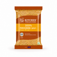 A 100g pouch of Kitchen Treasures 100% Fenugreek Seeds isolated on a white background, featuring a brown and yellow label design showing the whole seeds through transparent windows. This product is available in the UK at theindianshelf.co.uk.