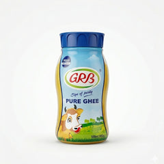 A jar of GRB Pure Ghee 500ml (16.9 fl oz), featuring "The Sign of Purity" clarified butter with a traditional Indian taste and aroma, is available for purchase at theindianshelf.co.uk.