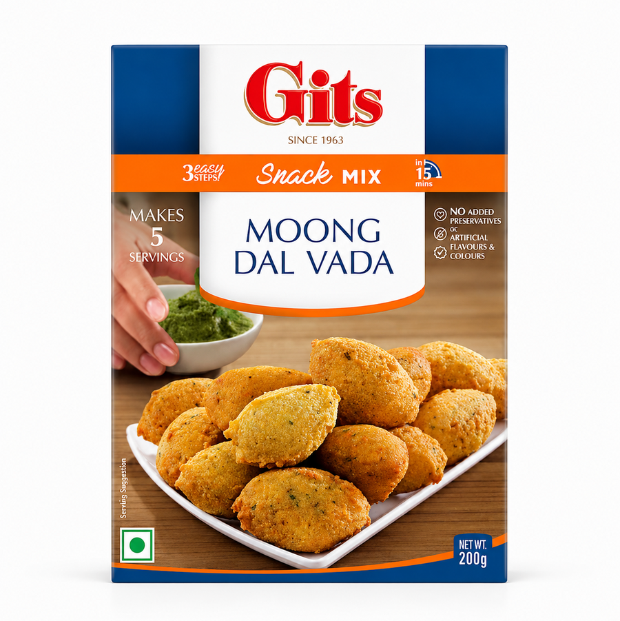 A 200g box of Gits Moong Dal Vada Snack Mix centered on a solid white background, featuring a blue and orange border with the red Gits logo, product details highlighting "3 Easy Steps in 15 mins," and a serving suggestion showing crisp golden moong dal vadas stacked on a platter with a hand placing a bowl of green chutney in the background. This product is available in the UK at theindianshelf.co.uk.