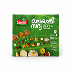 Grandma's Authentic Kerala Sadhya pre-order meal box with traditional Kerala vegetarian feast, serves 3, no rice included. This product is available in the UK at theindianshelf.co.uk.
