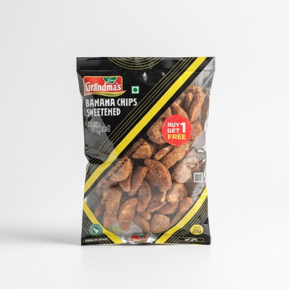 Grandma's Banana Chips Sweetened (Fried/Cooked) 200g pack, which features a BUY 1 GET 1 FREE offer, is available from theindianshelf.co.uk.