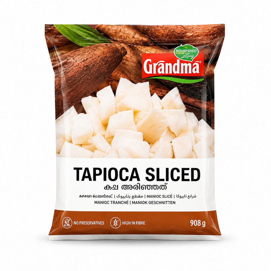 A studio product shot of a 908g pouch of Grandma's Fresh Frozen Sliced Tapioca (Cassava) isolated against a white background. The white and brown packaging displays whole raw cassava roots and a pile of freshly diced white tapioca pieces.