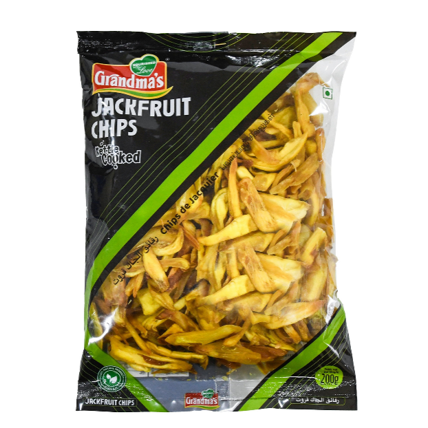 This product is a 200g bag of Grandma's Jackfruit Chips - Kettle Cooked. It is a traditional South Indian snack from Kerala, made from crispy fried jackfruit. The packaging also features indianshelf uk, indicating distribution for the UK market.