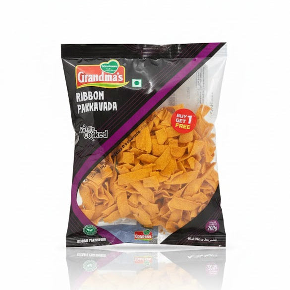 Grandma's Ribbon Pakkavada (Kettle Cooked) 200g pack, which features a BUY 1 GET 1 FREE offer, is available from theindianshelf.co.uk.