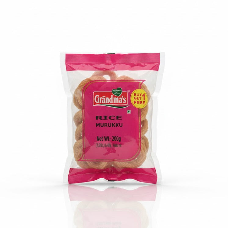 Grandma's Rice Murukku 200g pack, which features a BUY 1 GET 1 FREE offer, is available from theindianshelf.co.uk.
