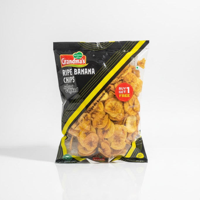 Grandma's Ripe Banana Chips (Vattal Fried/Cooked) 200g pack, featuring a BUY 1 GET 1 FREE offer, is available from theindianshelf.co.uk.