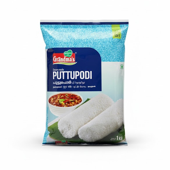 Grandma's Steam Made Puttupodi 1kg bag, featuring high-quality rice flour for soft and authentic traditional steamed puttu, is available for purchase at theindianshelf.co.uk.