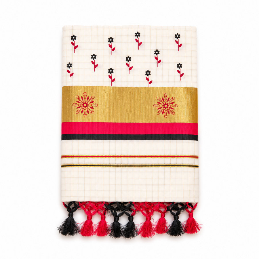 A neatly folded off-white tissue saree centered on a solid white background, featuring fine grid patterns, hand-painted black and red floral motifs, a wide golden kasavu border with two red hand-painted floral emblems, crimson red and black accent stripes, and dual-tone black and red knotted tassels along the bottom fringe.