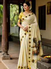 Kathakali Printed Off-White Kerala Cotton Saree