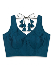 Teal Blue Sleeveless Padded Saree Blouse with Decorative Tassel Ties