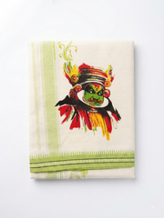 Traditional Kerala Cotton Mundu with Printed Kathakali Motif & Green Border
