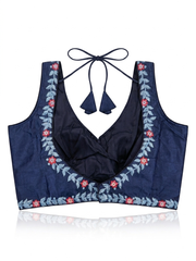 Navy Blue Silk Sleeveless Saree Blouse with Floral Embroidery & Dori Tie-Up