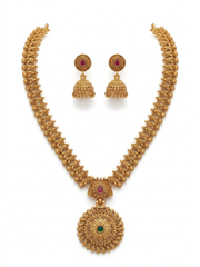 Antique-Finish Temple Style Gold-Plated Jewellery Set with Ruby & Green Stones
