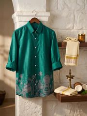 Kerala Art Handloom Silk Shirt & Traditional Kasavu Mundu Set - Size Medium
