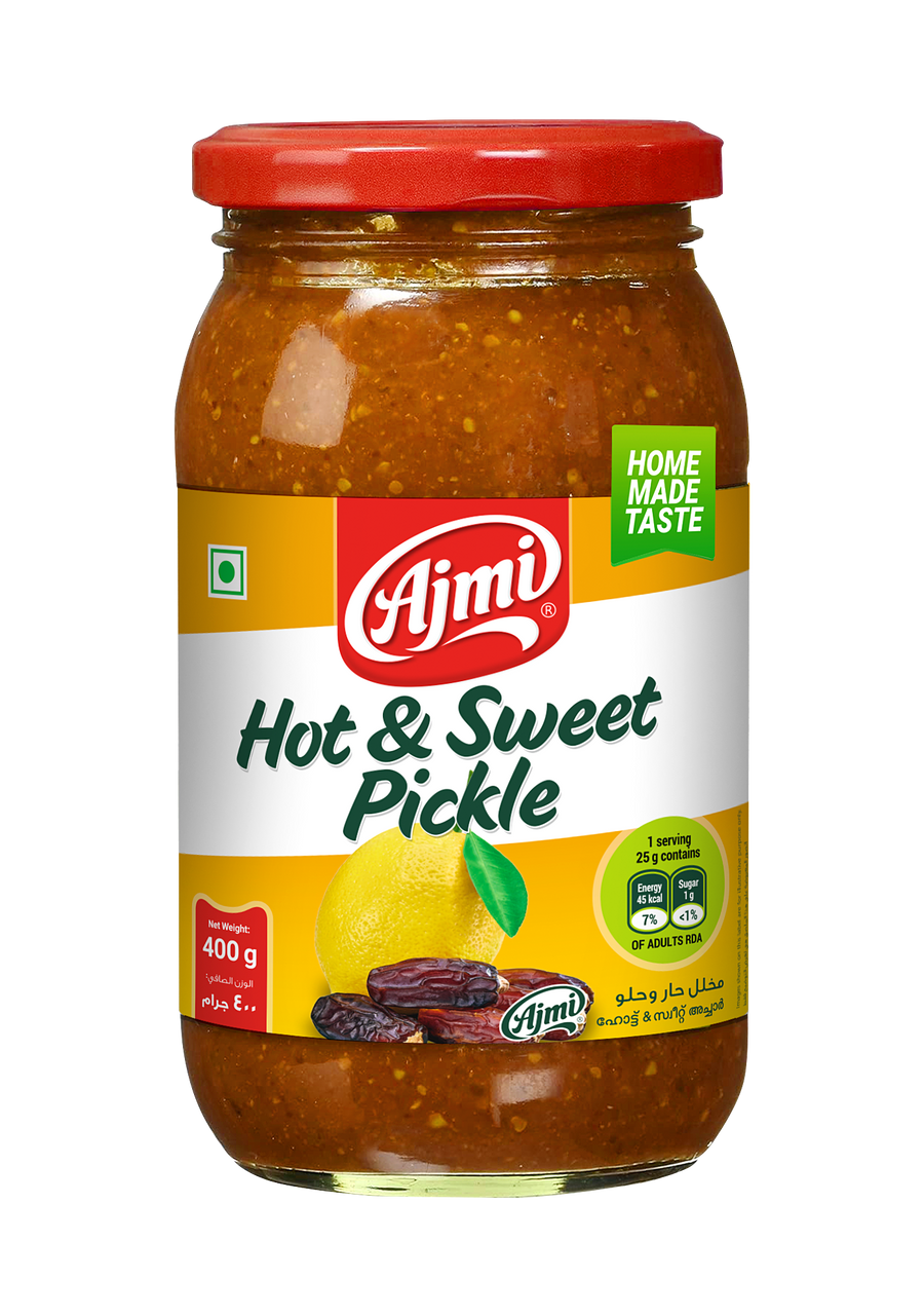 Hot and Sweet pickle 400g by Ajmi by The Indian Shelf – Pickled Fruits & Vegetables, Indian grocery product, for customers in the UK
