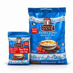 A 10 kg blue promotional bag of India Gate Extra Long Basmati Rice Excel paired with a 1 kg free bonus pack, centered on a solid white background. Available in the UK at theindianshelf.co.uk.