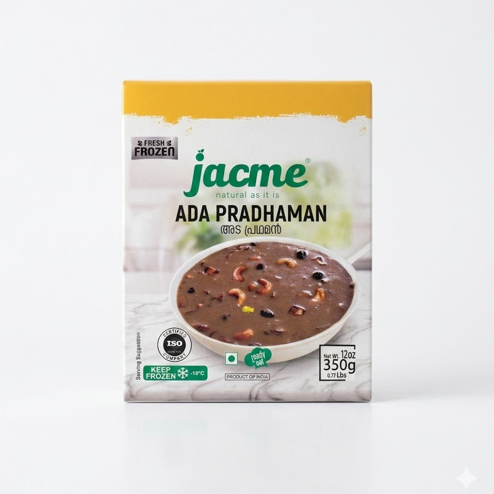 This is a 350g box of Jacme Ada Pradhaman, a traditional Kerala dessert made with rice flakes, jaggery, and coconut milk. It is a ready-to-eat frozen product made in India and should be stored at -18°C.This item is available in the UK at theindianshelf.co.uk.
