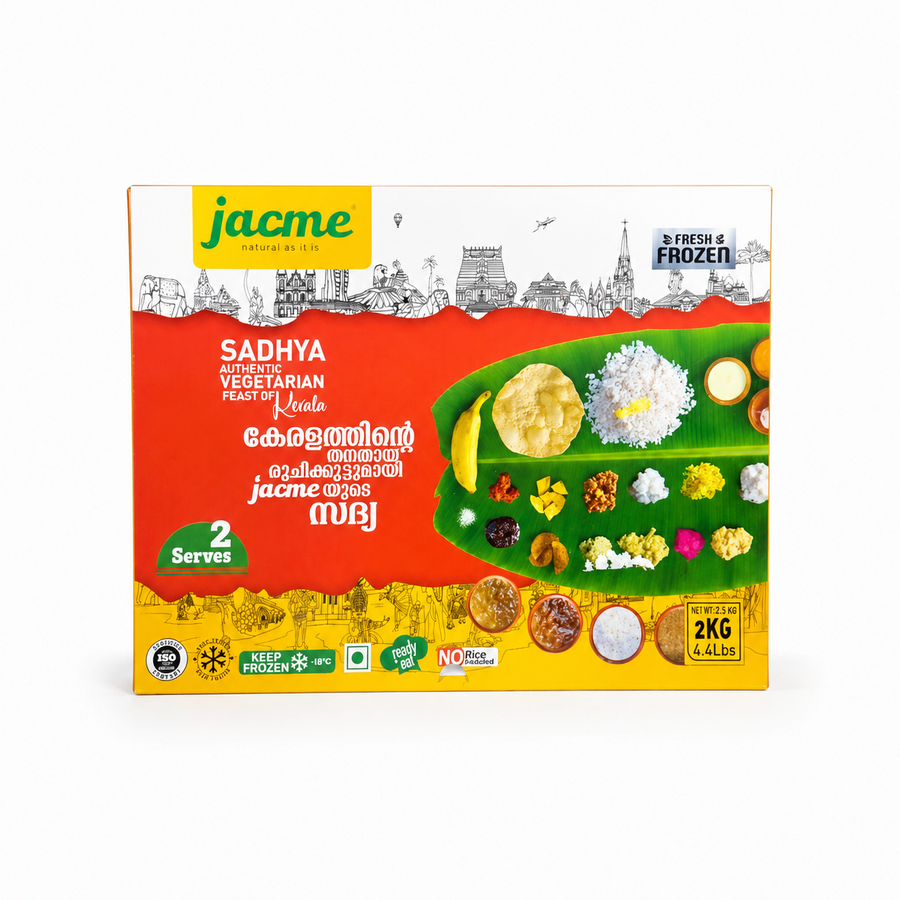 Jacme Authentic Kerala Sadhya (Pre-Order), traditional Kerala vegetarian feast serving 2 people, 2kg, no rice included. This product is available in the UK at theindianshelf.co.uk.