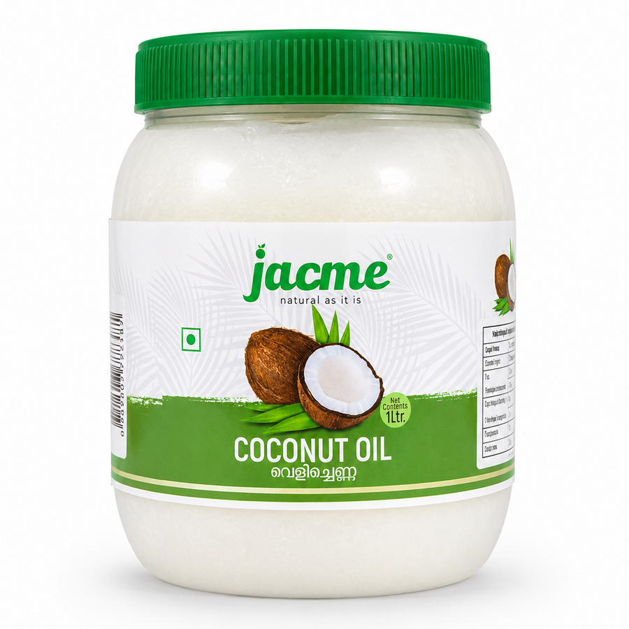 A professional studio shot of a large 1 Liter wide-mouth translucent plastic jar of Jacme Coconut Oil The jar is filled with solidified white coconut oil and features a prominent green ribbed screw-on lid. The central white label has a subtle white palm frond pattern and prominently displays the green "jacme" logo with its tagline "natural as it is." Centered on the label is a realistic graphic of a whole brown textured coconut.This product is available in the UK at theindianshelf.co.uk.