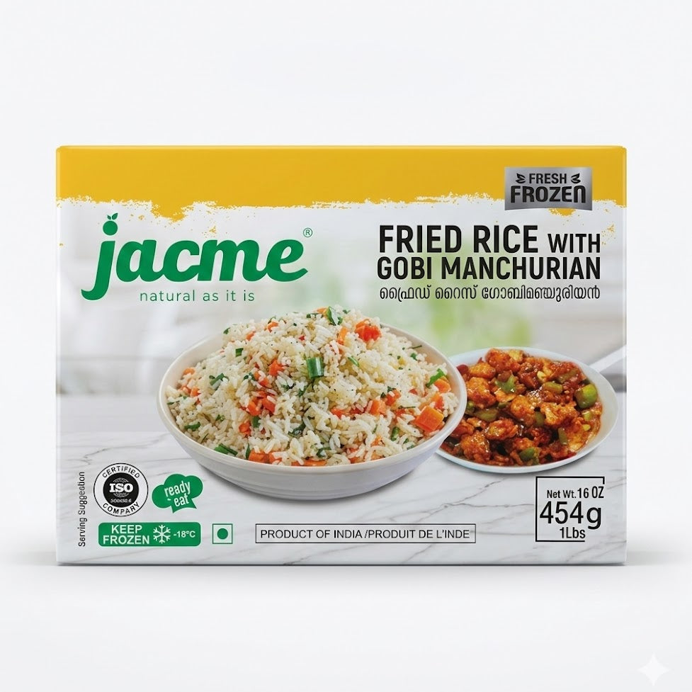This is a 454g (1 lb) box of Jacme Fried Rice with Gobi Manchurian. This frozen, ready-to-eat meal features vegetable-packed fried rice paired with spicy, tangy cauliflower florets (Gobi Manchurian). It is a product of India that should be stored at -18°C.This authentic Indo-Chinese meal is available for purchase in the UK at theindianshelf.co.uk.
