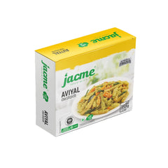A studio product shot of a 350g box of Jacme Frozen Ready-to-Eat Aviyal isolated against a white background. The yellow and white packaging displays a plate of traditional coconut-based mixed vegetable aviyal.