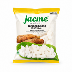 A studio product shot of a pouch of Jacme Frozen Sliced Tapioca (Cassava) from image_eb9760.jpg. The white and yellow packaging illustrates fresh whole cassava roots and raw white diced pieces arranged on a green banana leaf.