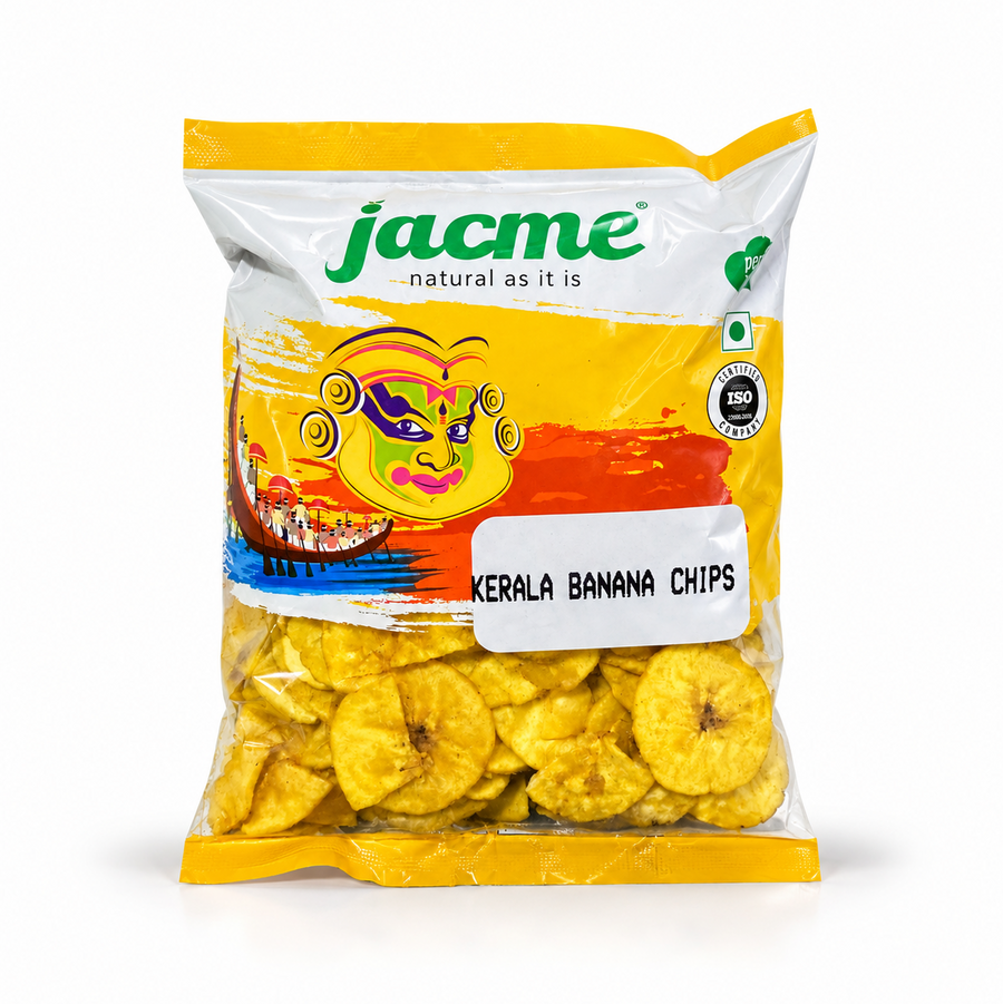 A retail pouch of Jacme Kerala Banana Chips featuring traditional yellow packaging, brand logos, and visible golden chips, centered on a solid white background. Available in the UK at theindianshelf.co.uk.