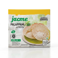 This is a 350g (12 oz) pack of Jacme Palappam. Part of the "natural as it is" line, these are soft, lacy rice pancakes that are ready to eat after heating. The product is made in India and must be stored frozen at -18°C.This authentic Kerala staple is available for purchase in the UK at theindianshelf.co.uk.