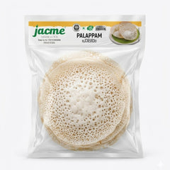 This is a clear, bulk pack of Jacme Palappam, containing multiple lacy rice pancakes. It is a frozen, ready-to-eat product made in India.This item is available in the UK at theindianshelf.co.uk.
